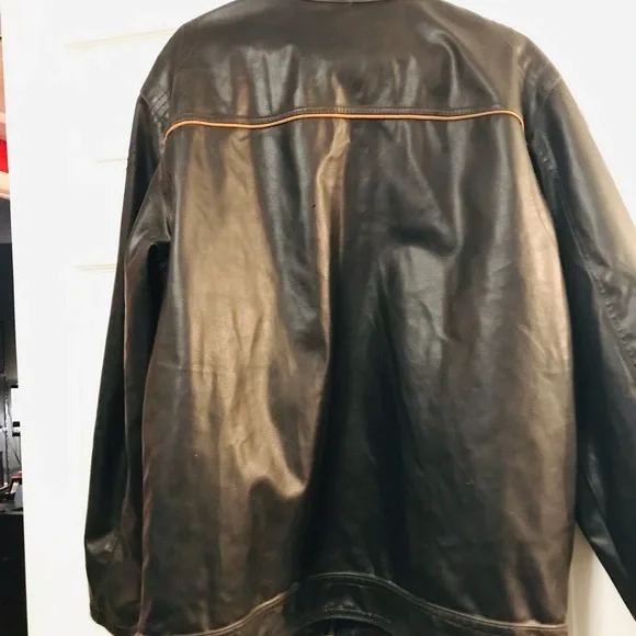 Men's Black Leather Jacket with Stripes - Picture 2 of 3